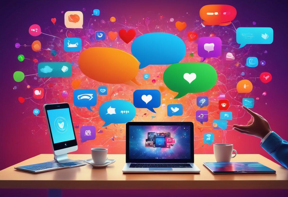 A vibrant scene depicting diverse individuals interacting in an online community, with digital devices showcasing chat bubbles and social media icons. Elements like hands reaching out, hearts symbolizing connection, and colorful networks representing collaboration in the air. The background features a bright, abstract digital landscape that conveys a sense of unity and engagement. super-realistic. vibrant colors. dynamic composition.