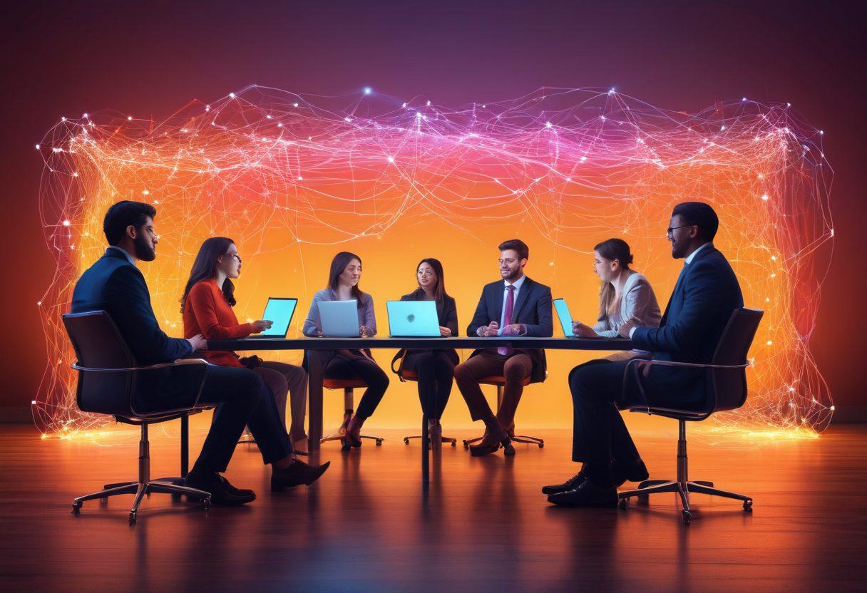 Illustrate a diverse group of people engaging in a virtual meeting, connected through glowing digital devices with colorful lines symbolizing networks between them. The background shows a blend of urban and natural elements, representing the fusion of digital space and reality. Incorporate warm tones to evoke feelings of connection and community. super-realistic. vibrant colors. digital art.