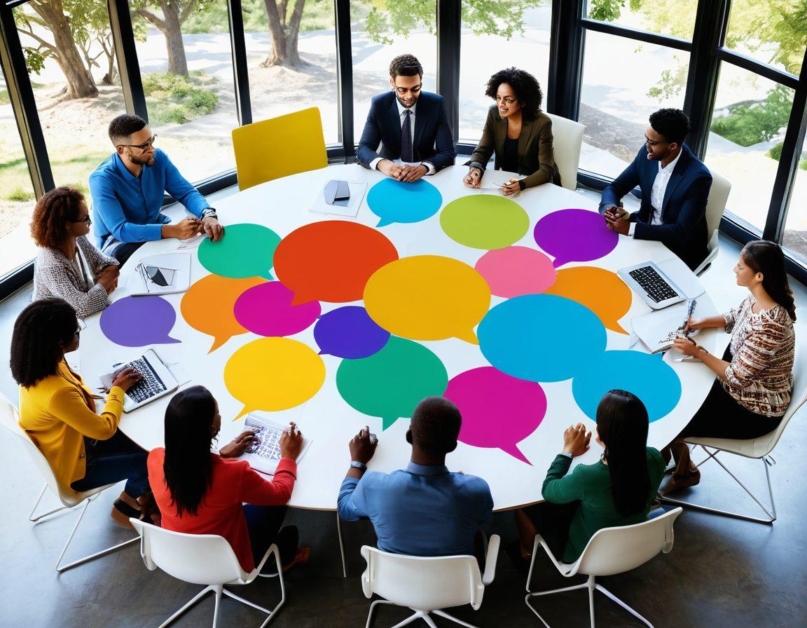 A vibrant round table surrounded by diverse individuals engaging in animated discussions, with speech bubbles filled with symbols of ideas and collaboration. The setting is bright and inviting, emphasizing inclusivity and openness. Add elements like notepads, laptops, and colorful charts to symbolize productivity. The background features a large window showcasing a beautiful outdoor scene, symbolizing growth and opportunity. super-realistic. vibrant colors. 3D.